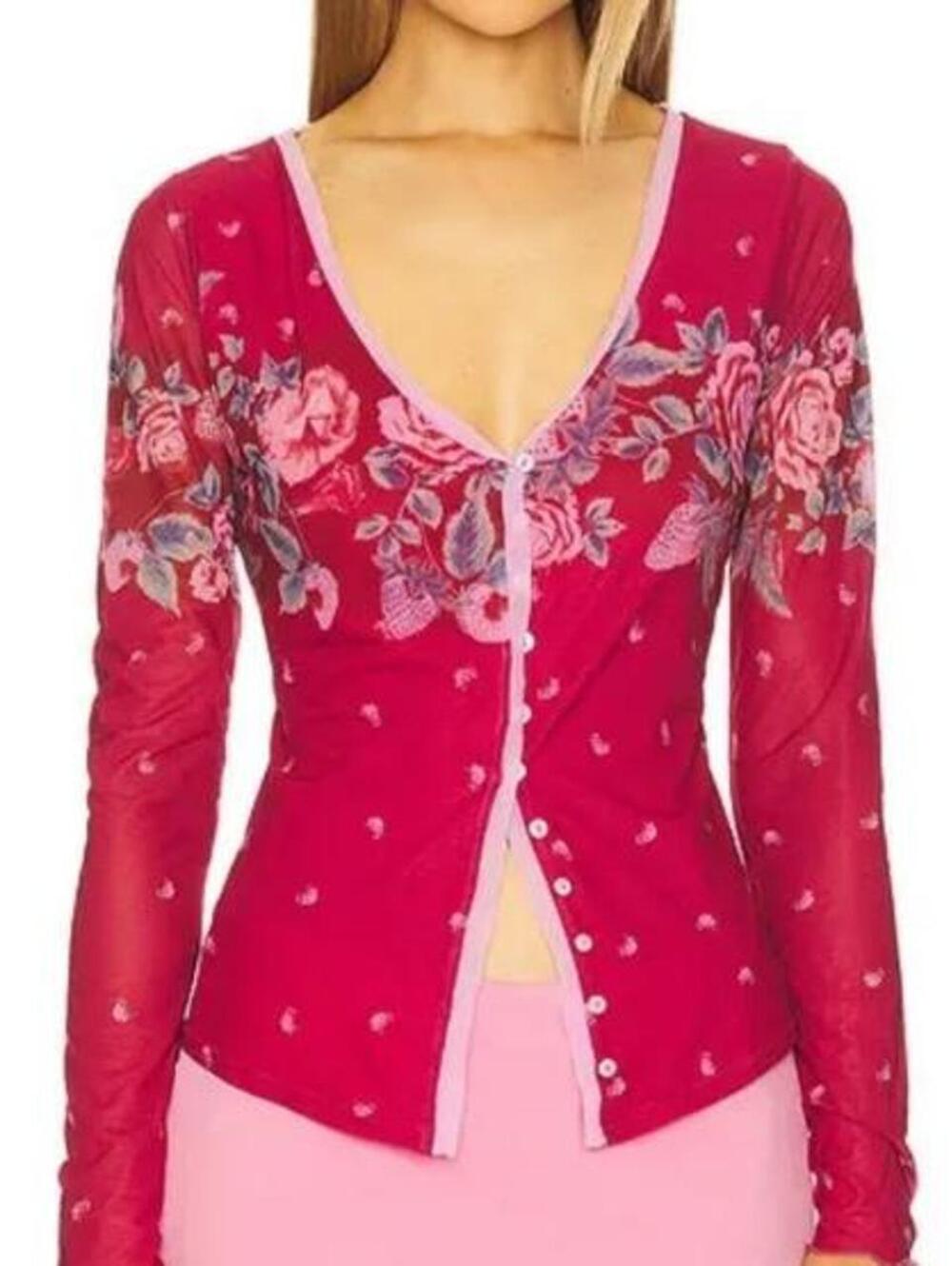 Free People X home grown women pink floral mesh cardigan cardi Sz M boho romance